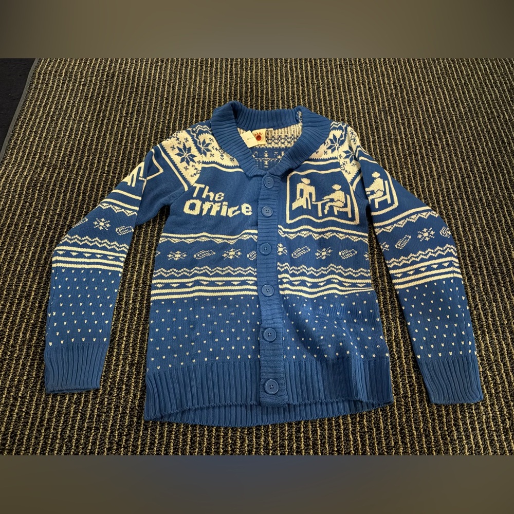 NWT XS The Office Ugly Christmas Sweater Cardigan Dunder Mifflin Christmas Blue